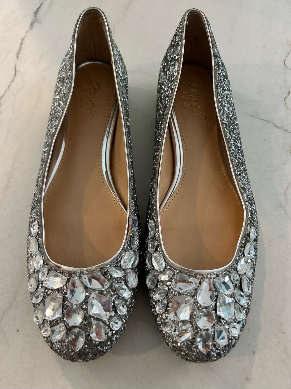 Badgley Mischka Silver Glitter Jeweled Flats
